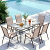 7pcs Outdoor Table And Chairs for 6, Outdoor Dining Set W/Rectangle Glass Table And 6 Patio Textilene Stackable Chairs, Patio Furniture Set W/Umbrella Hole, Umbrella Not Included