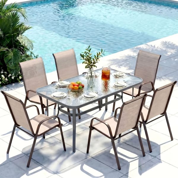 7pcs Outdoor Table And Chairs for 6, Outdoor Dining Set W/Rectangle Glass Table And 6 Patio Textilene Stackable Chairs, Patio Furniture Set W/Umbrella Hole, Umbrella Not Included
