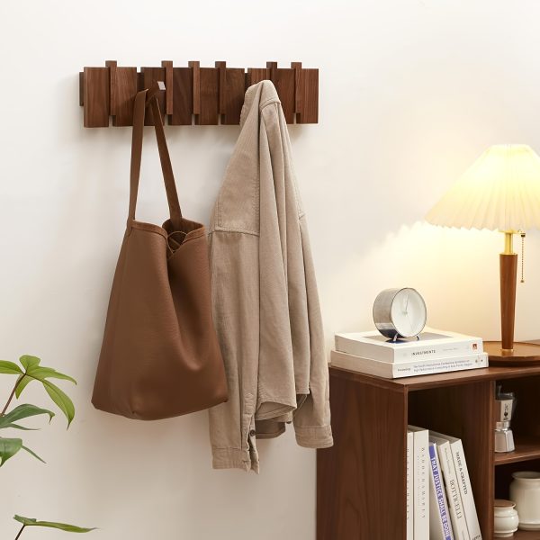 Modern Walnut Wooden, with 4/6/8/10/12 Hooks, Coat Rack, Hooks, Wall Mounted, Accordion, Entryway, Bedroom, Bathroom, Solid Wood, Smooth Polishing, Stable Adhere, Holds 22 Lbs, Floating Shelves