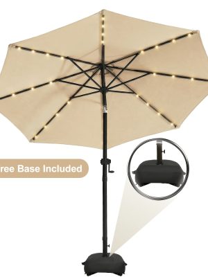 Solar 9ft Market Umbrella with Base, Deluxe 32 LED Lighted Patio Umbrella, Patio Umbrellas Outdoor Table Umbrella with Ventilation, Solar Umbrella with Push Button Tilt/Crank for Garden, Deck, Backyard, And Pool