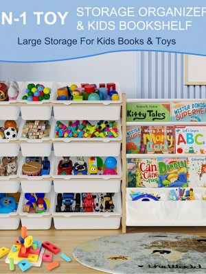 2in 1 Kids Bookshelf And Child Storage Organizer with 12 Bins And 4 Tier Book Shelf for Playroom, Classroom, Nursery Room, Bedroom, Kindergarten, School, Perfect Gift for Christmas, Halloween, Thanksgiving, Easy to Installation, Space Saving