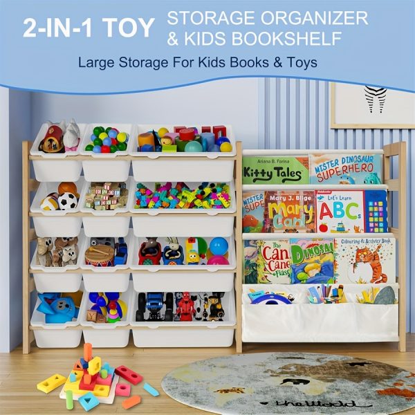 product-fancy-7216c65b-ee7a-41b8-98ff-335ea2fe1f83 2in 1 Kids Bookshelf And Child Storage Organizer with 12 Bins And 4 Tier Book Shelf for Playroom, Classroom, Nursery Room, Bedroom, Kindergarten, School, Perfect Gift for Christmas, Halloween, Thanksgiving, Easy to Installation, Space Saving