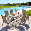 product-fancy-721d8b0c-7093-41cb-b095-7a7eea6ce91b-1 7pcs Outdoor Dining Table and Chairs for 6 People - Textilene Stackable Patio Furniture with Glass Table & Umbrella Hole Base Suitable for Deck, Poolside,, Backyard - Umbrella Not Included