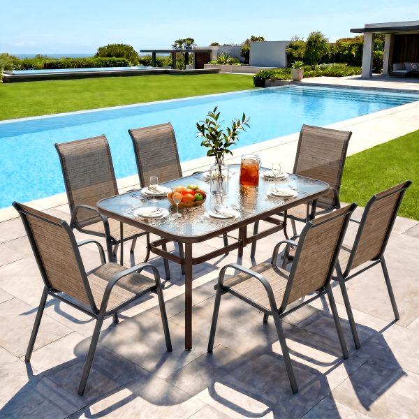 product-fancy-721d8b0c-7093-41cb-b095-7a7eea6ce91b-1 7pcs Outdoor Dining Table and Chairs for 6 People - Textilene Stackable Patio Furniture with Glass Table & Umbrella Hole Base Suitable for Deck, Poolside,, Backyard - Umbrella Not Included