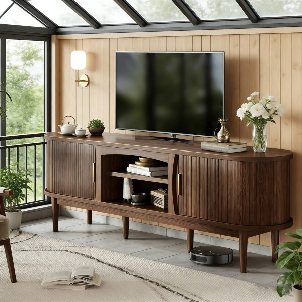 product-fancy-7231fa8c-cab1-4960-bb0f-f12773d595f6 68 Inch Mid-Century TV Stand for TVs Up to 70 Inch, Entertainment Center with Storage, Power Outlet, Recessed Sliding Doors & Adjustable Shelves, Modern Media Console for Living Room, Housewarming Gift