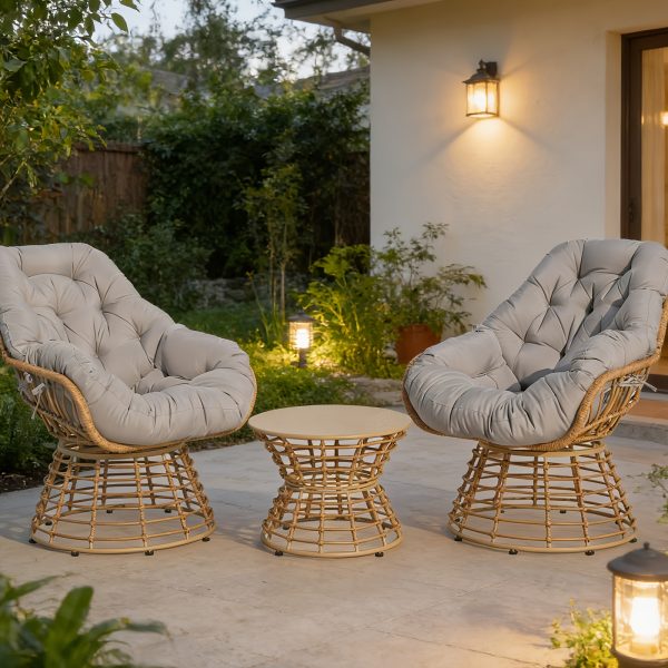 3pcs Outdoor Patio Furniture Set with 360° Swivel Chairs & Coffee Table - Wicker Conversation Set Suitable for Porch, Backyard,, Deck - Cushioned Seating, Wicker Chairs and Table for Poolside, Balcony, or Terrace