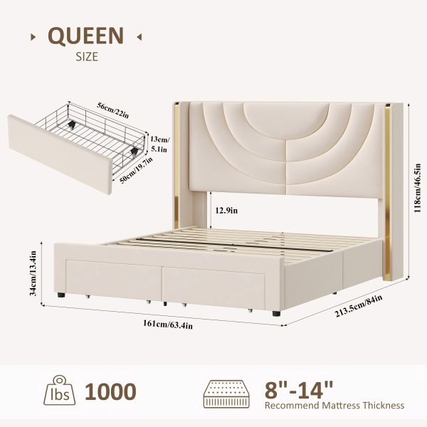 product-fancy-72c1f8b9-9e45-40ae-91af-32c46d5d910d FULTRU Upholstered LED Bed Frame in Full, Queen, Or King Size with Two Storage Drawers, Velvet Platform Bed Featuring a Wingback Headboard, Sturdy Wooden Slats for Support, No Need for a Box Spring, Headboard with a Splicing Design