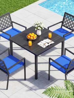 5pcs Outdoor Dining Set, Wood Grain Square Outdoor Patio Table And Chairs Set, Metal Dining Set with With 4 Spacious Dining Chair, All Weather Patio Furniture Set for Deck Garden