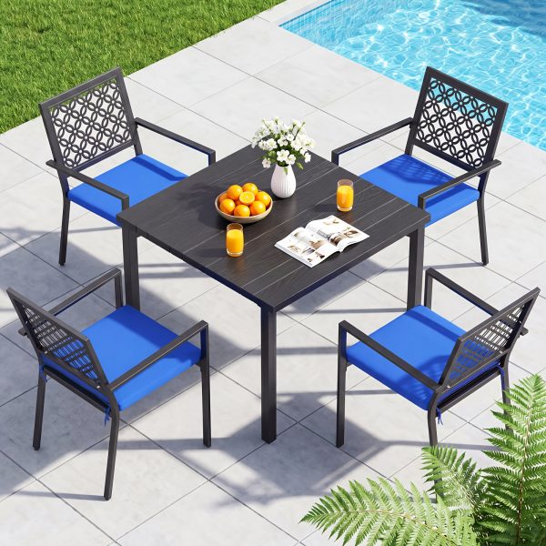 5pcs Outdoor Dining Set, Wood Grain Square Outdoor Patio Table And Chairs Set, Metal Dining Set with With 4 Spacious Dining Chair, All Weather Patio Furniture Set for Deck Garden