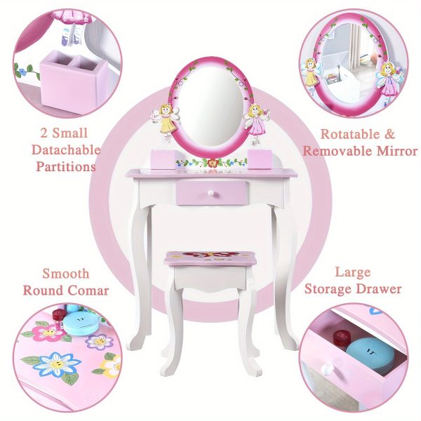 product-fancy-72eca5a5-b101-44d2-83cc-c3b2825d219f Kids Vanity Set - Princess Deluxe Vanity Table Set 2-in-1 Wooden Writing Desk & Stool, Mirror & Drawer, Perfect for Kids' Pretend Play, Developing Creativity And Fine Motor Skills, Durable Construction, Easy to Assemble, Best for Girls Christmas Gift