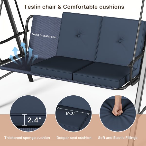 product-fancy-73075d59-8fe8-4628-88ca-7e781ffdb721 3-Seat Porch Swing Chair with Stand - Convertible to Adult Swing Bed, Adjustable UV-Protected Canopy & Thick Cushion, 750lbs, Flat Bed (Red/Blue/Dark Gray) for Porch, Backyard, Garden & Balcony