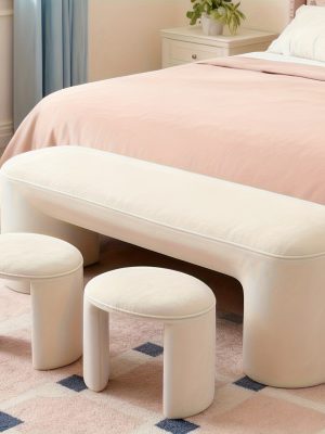 53 Inch Long Bedroom Bench with 2pcs Step Stools, Nesting Ottoman Bench Set, Padded End Of Bed Bench Modern Upholstered Bench for Living Room, Entry, Porch