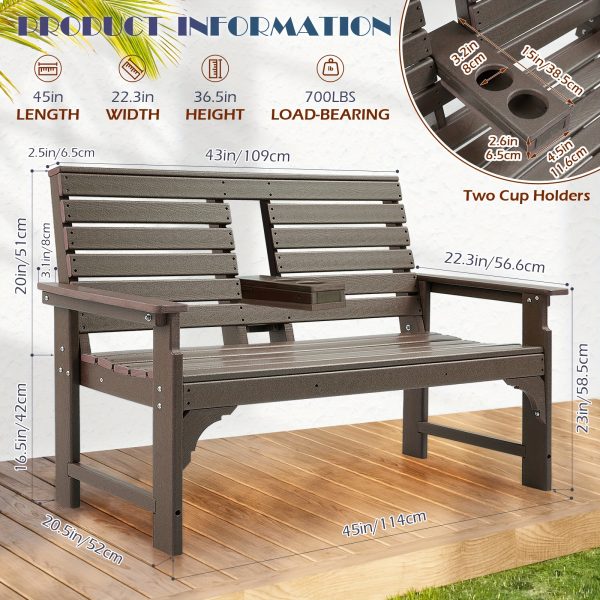 product-fancy-7359ff20-f6bb-4575-89f0-cb831fb0225d HDPE All Weather Outdoor Patio Bench Furniture With Cup Holders, 2-3 Persons Garden Bench With 700 Lbs Weight Capacity, Patio Benches For Outdoors, Garden, Porch, Backyard And Park