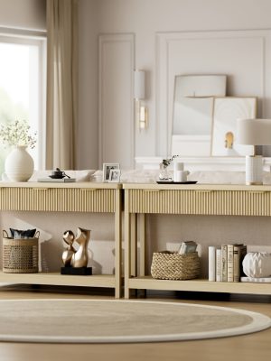 51 IN Fluted Console Table with 3 Drawers, Modern Entryway Table with Metal Handles, Sturdy Solid Wood Design, Hallway Table with Storage, for Living Room And Hallway