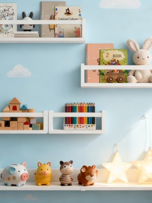 5pcs White Nursery Bookshelves Set - DIY Floating Shelves with 5-Tier Storage (32in, 2x16.5in, 2x10in) - Wall-Mounted Kids Room Shelving Suitable for Nursery, Room, Kids' Room - Easy Assembly, Space-Saving Bookcase