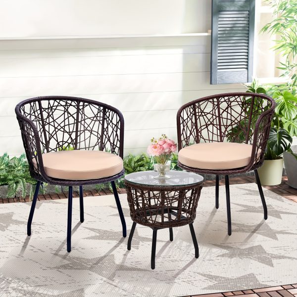 3pcs Bistro Set, Modern Furniture with Tempered Glass Table Top, 2 Chairs, Outdoor Wicker Patio Set, Washable Cushions,