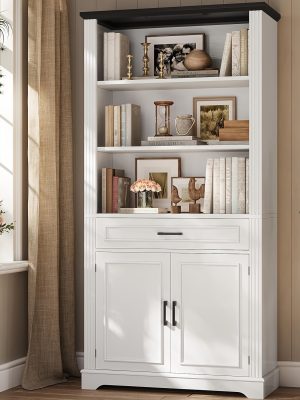 Farmhouse Bookcases with Doors And Drawer, 6 Shelf Display Storage Shelves 70 in Tall Bookshelf for Home Office