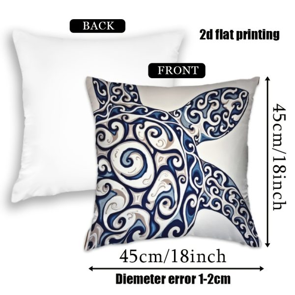 product-fancy-74800543-85ee-4414-a1c0-05c6d7092e00 1pc Turtle Print Cushion Cover Suitable for Outdoor Indoor Use, 18x18 Inch Square Pillow Case with Zipper Closure, Blue White Gray Marine-Themed Decorative Cover for Garden Sofa Bed, Machine Washable Turtle Shell, 2D Flat
