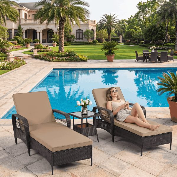 [3pcs Wicker Chaise Set] LEVELEVE 3pcs Outdoor Wicker Chaise Lounge Set with Foam Cushions & Tea Table - All-Weather PE Rattan Recliner Chairs Suitable for Backyard, Poolside, Patio Furniture, Adjustable Chaise Loungers for Deck, Porch, Garden