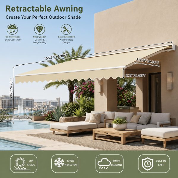 product-fancy-74bf829d-5cc2-4247-b999-11c6ffbb2d4d 12x10ft Heavy-Duty Manual Retractable Awning with Wall Mount - Outdoor Patio Canopy, Beige Suitable for Balcony, Deck, Poolside Shade, Fabric & Frame, Installation