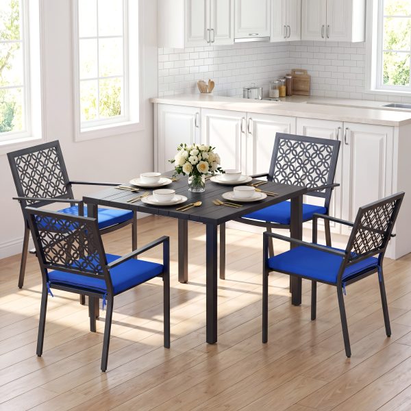 5pcs Outdoor Dining Set, Wood Grain Square Outdoor Patio Table And Chairs Set, Metal Dining Set with With 4 Spacious Dining Chair, All Weather Patio Furniture Set for Deck Garden
