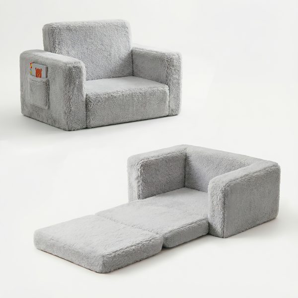product-fancy-74f881b7-868b-4021-9533-ad35a3278316 Kids Sofa 2-in-1 Convertible to Recliner Chair - Soft Plush Gray/Pink/White Youngsters Lounge Chair with Storage Pocket, Cozy Folding Playroom Furniture for Boys And Girls, Youngsters Playroom Furniture Pocketed Armrests | Velvet Upholstery, Chair