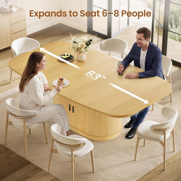 47''-63'' Extendable Dining Table Suitable for 4-8 People, Expandable Modern Fluted Kitchen Table with 2-Tier Storage Shelf, Space-Saving Folding Table for Small Apartments, Folding Mechanism & Natural Wood, Assembly Required