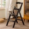 1pc Black All-Bamboo Bar Stool, Bar Counter Dining High Stool with Backrest, Folding Chair, No Assembly Required, Patio Outdoor Garden Step Stool, Household Three-Step Step Stool, Climbing Ladder, Suitable for Garden/Office/Library/Kitchen/Cafe