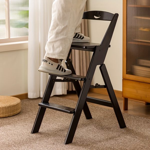 1pc Black All-Bamboo Bar Stool, Bar Counter Dining High Stool with Backrest, Folding Chair, No Assembly Required, Patio Outdoor Garden Step Stool, Household Three-Step Step Stool, Climbing Ladder, Suitable for Garden/Office/Library/Kitchen/Cafe