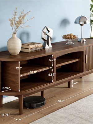 68 Inch Mid-Century TV Stand for TVs Up to 70 Inch, Entertainment Center with Storage, Power Outlet, Recessed Sliding Doors & Adjustable Shelves, Modern Media Console for Living Room, Housewarming Gift