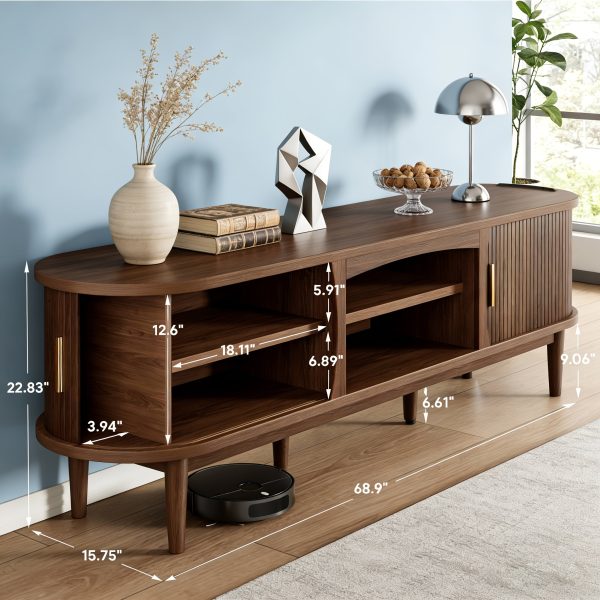 product-fancy-75434f75-a97d-4720-acb4-a72676a05240 68 Inch Mid-Century TV Stand for TVs Up to 70 Inch, Entertainment Center with Storage, Power Outlet, Recessed Sliding Doors & Adjustable Shelves, Modern Media Console for Living Room, Housewarming Gift