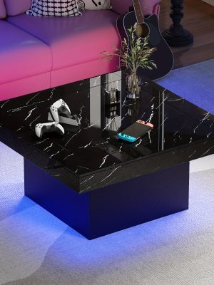 Modern Luxury Low-Profile Square Coffee Table with LED Lights - Space-Saving Faux Marble Top & Engineered Wood Base Suitable for Small Spaces, Compact Living Room Center Table, Assembly, Black/Brown