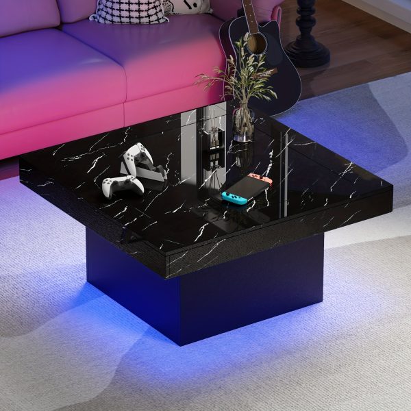 product-fancy-756a48eb-6385-439f-9533-b019b1c7348a Modern Luxury Low-Profile Square Coffee Table with LED Lights - Space-Saving Faux Marble Top & Engineered Wood Base Suitable for Small Spaces, Compact Living Room Center Table, Assembly, Black/Brown