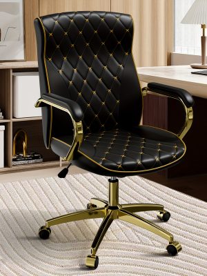 Executive High Back Office Chair With Tufted Design, Ergonomic Computer Desk Chair With Padded Armrests, Faux Leather Task Chair With Golden Metal Frame