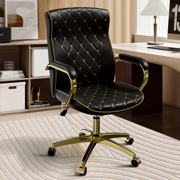 product-fancy-75bae583-dfa8-4abc-b8ba-ed4114482a54 Executive High Back Office Chair With Tufted Design, Ergonomic Computer Desk Chair With Padded Armrests, Faux Leather Task Chair With Golden Metal Frame