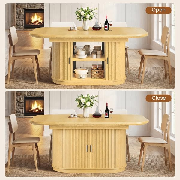 47''-63'' Extendable Dining Table Suitable for 4-8 People, Expandable Modern Fluted Kitchen Table with 2-Tier Storage Shelf, Space-Saving Folding Table for Small Apartments, Folding Mechanism & Natural Wood, Assembly Required