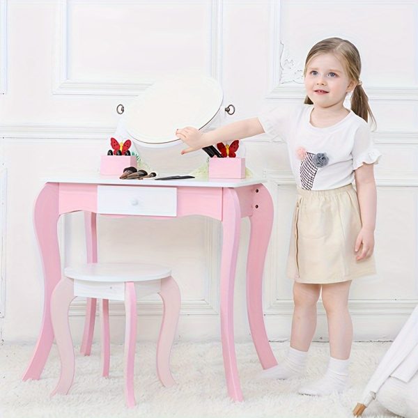 product-fancy-76fce82c-b81d-4059-a8f8-2d8e2baaa7b3 Kids Vanity Set - Princess Deluxe Vanity Table Set 2-in-1 Wooden Writing Desk & Stool, Mirror & Drawer, Perfect for Kids' Pretend Play, Developing Creativity And Fine Motor Skills, Durable Construction, Easy to Assemble, Best for Girls Christmas Gift