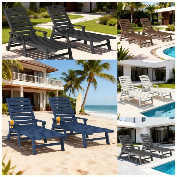 product-fancy-772a9879-d03d-4d54-ac56-1cf83f8d881c 2pcs HDPE Wood Grain Outdoor Chaise Lounge Chairs, 78" All-Weather Patio Poolside Loungers with Wheels & Cup Holders, 5-Position Adjustable Recliners for Backyard & Summer Relaxation