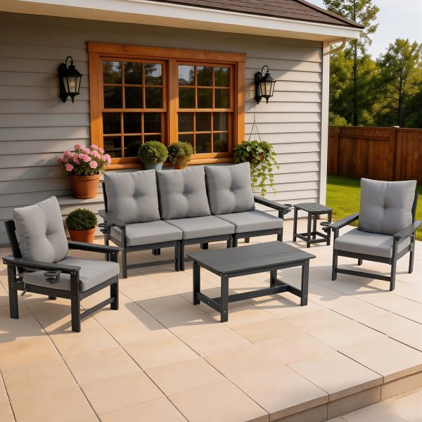 product-fancy-774a0f5a-5531-415b-8387-b749aa5aa79f Outdoor Patio Furniture Set, 7pcs HDPE All Weather Free Combination Outdoor Furniture, Patio Conversation Sets W/ Sponge Cushions for Patio, Gaden, Yard Lawn Poolside