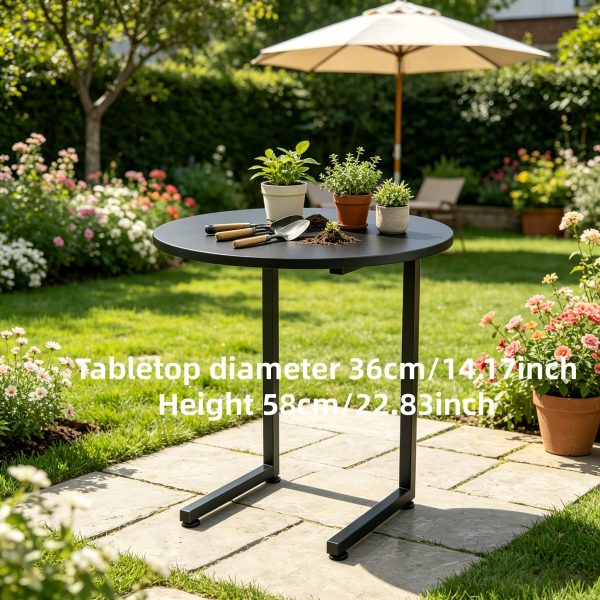 [Outdoor Round Side Table] Outdoor Round Side Table With Double-Layer Storage Shelf, MarbleTexture Imitation Stone Courtyard End Table, Sturdy Black Metal Frame, Weather-Resistant Side Table Is Suitable For Balcony Coffee Corner, Small Space Courtyard/Terrace/Balcony Furnitur