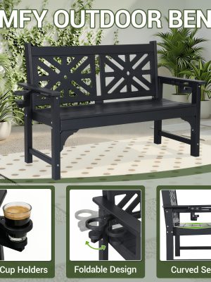 Outdoor Bench with Cup Holders, HDPE Weatherproof Garden Bench 2-Person, Fade/Rot Resistance Patio Benches for Porch And Park