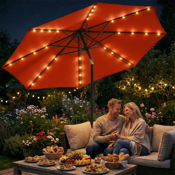 [Christmas & Halloween] Deluxe 32 LED Lighted Patio Umbrella - Navy Blue/Beige/Red/Brown, Solar 10Ft Market Umbrella with Base, Outdoor Table Umbrella with Ventilation, Solar Umbrella with Push Button Tilt/Crank for Garden, Deck, Backyard, Pool, Christmas & Halloween