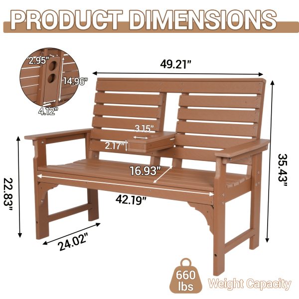 Patio Bench Designed for Two, Featuring Cup Holders And Made from HDPE, Ideal for Gardens And Porches, with Resistance to Fading And Rotting