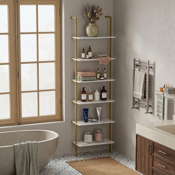 product-fancy-7834f398-cf1c-4d38-bb26-b116e7a7aa7e 6 Tier Industrial Wall Mounted Shelves, White Faux Marble Floating Shelves, Open Storage Display Plant Rack for Living Room Kitchen Bedroom Office