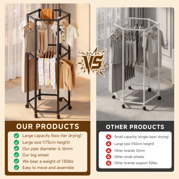 product-fancy-7894ee2d-a1ba-422a-9968-2a5c29cf869d Rotating Clothing Rack with Wheels, Heavy Duty Metal Garment Rack for Hanging Clothes, Multifunctional Rotating Clothing Organizer, Freestanding Closet Organizer for Bedroom, Laundry Room, Space Saving Closet Storage for Coats, Dresses, Pants