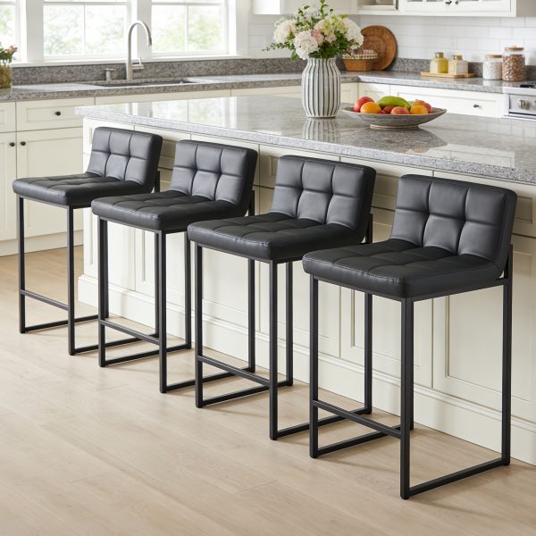 product-fancy-789e2af6-8d60-49a1-9fbb-22506c018432 DMKAI Set Of 2 Modern Counter Height Bar Stools - Black Faux Leather Upholstered, Diamond-Tufted Seat, Sturdy Black Metal Cantilever Base with Footrest | Minimalist Bar Stools for Kitchen Island