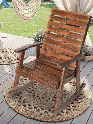 Wooden Rocking Chair for Outdoor Use, Featuring a Rustic High Back Design, Suitable for Indoor Spaces, Backyards, And Patios, in a Natural End