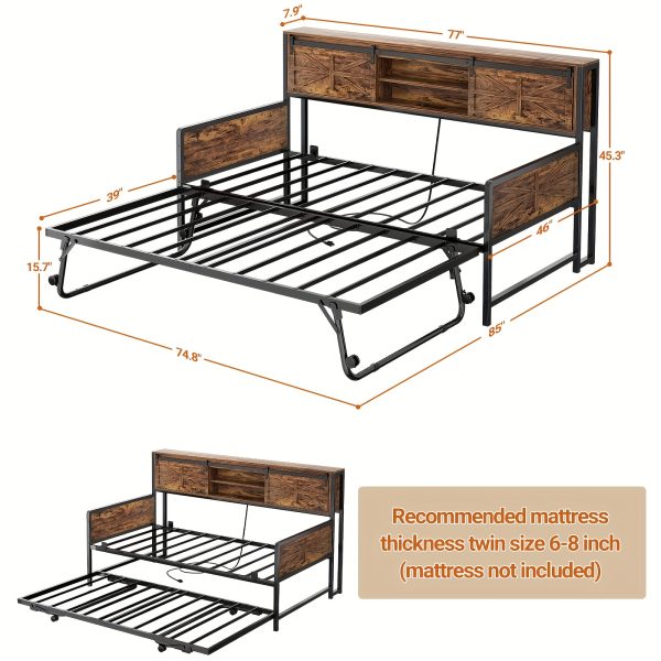product-fancy-78b4183c-e791-430b-b20c-367cbc261ec1 Homieasy Farmhouse Daybed with Trundle, Twin Day Bed with Charging Station, Heavy Duty Metal Sofa Bed Frame with Pop-up Trundle Bed for Living Room, Bedroom And Guest Room