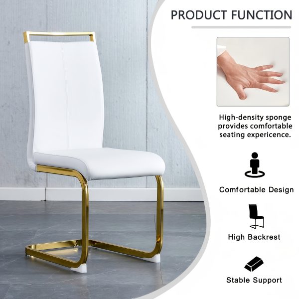 Modern Dining Chairs Set of 4, High Back White Kitchen Chairs, Faux Leather Side Chair with Gold Plated Metal Legs, Easy to Install Upholstered Dining Chairs, Ideal for Living Room, Easy to Install (Golden/Silver Leg) Local Warehouse