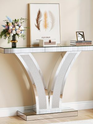 Mirrored Console Table, Modern Sliver Entryway Sofa Table With Crystal Inlay Frames For Living Room, Hallway, Foyer